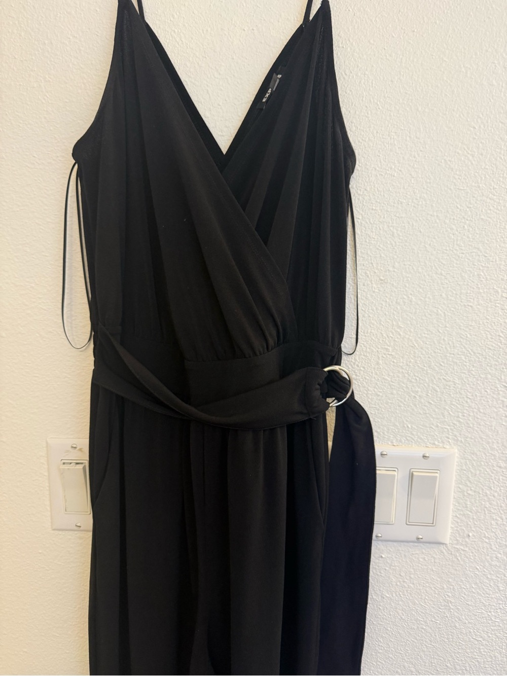 Express Black Strapless-Look Wrap Jumpsuit with Ring Belt